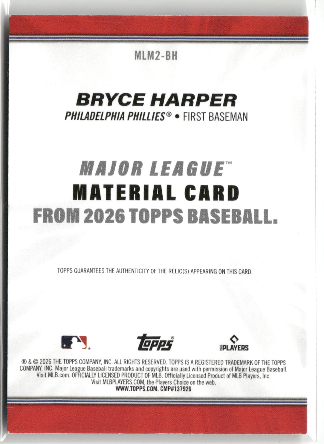 2026 Topps #MLM2-BH Bryce Harper Major League Materials Relics (Series Two)-2