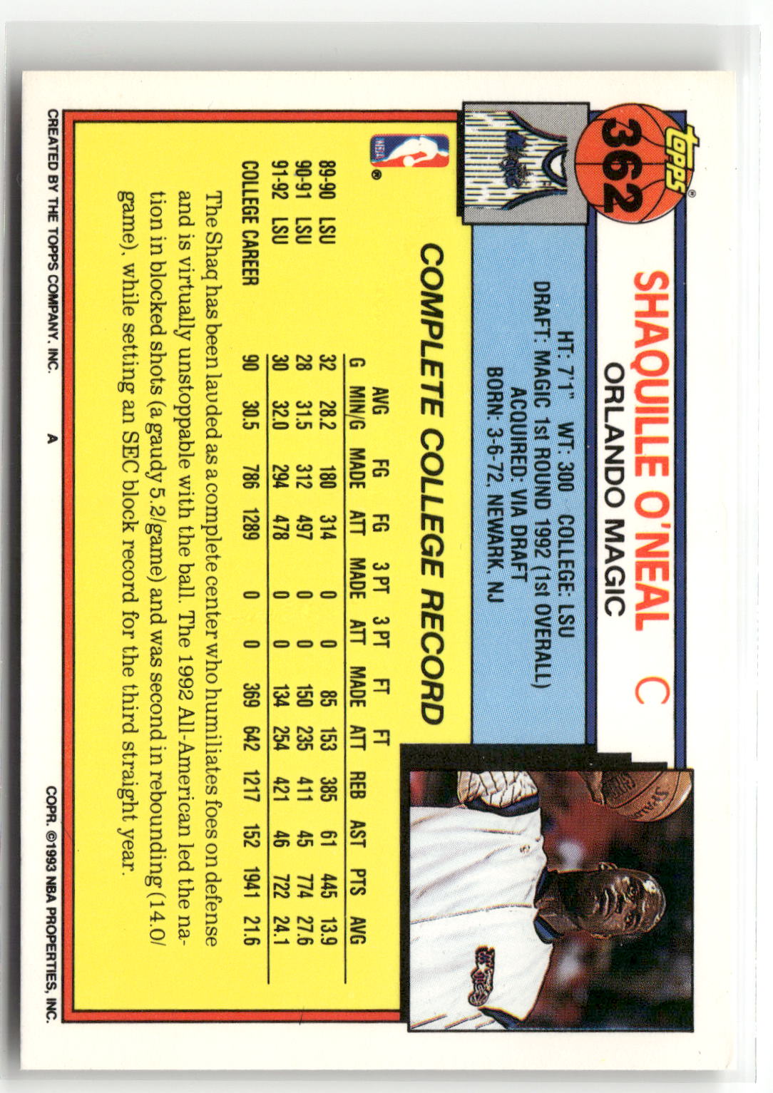 1992-93 Topps #362 Shaquille O'Neal-2