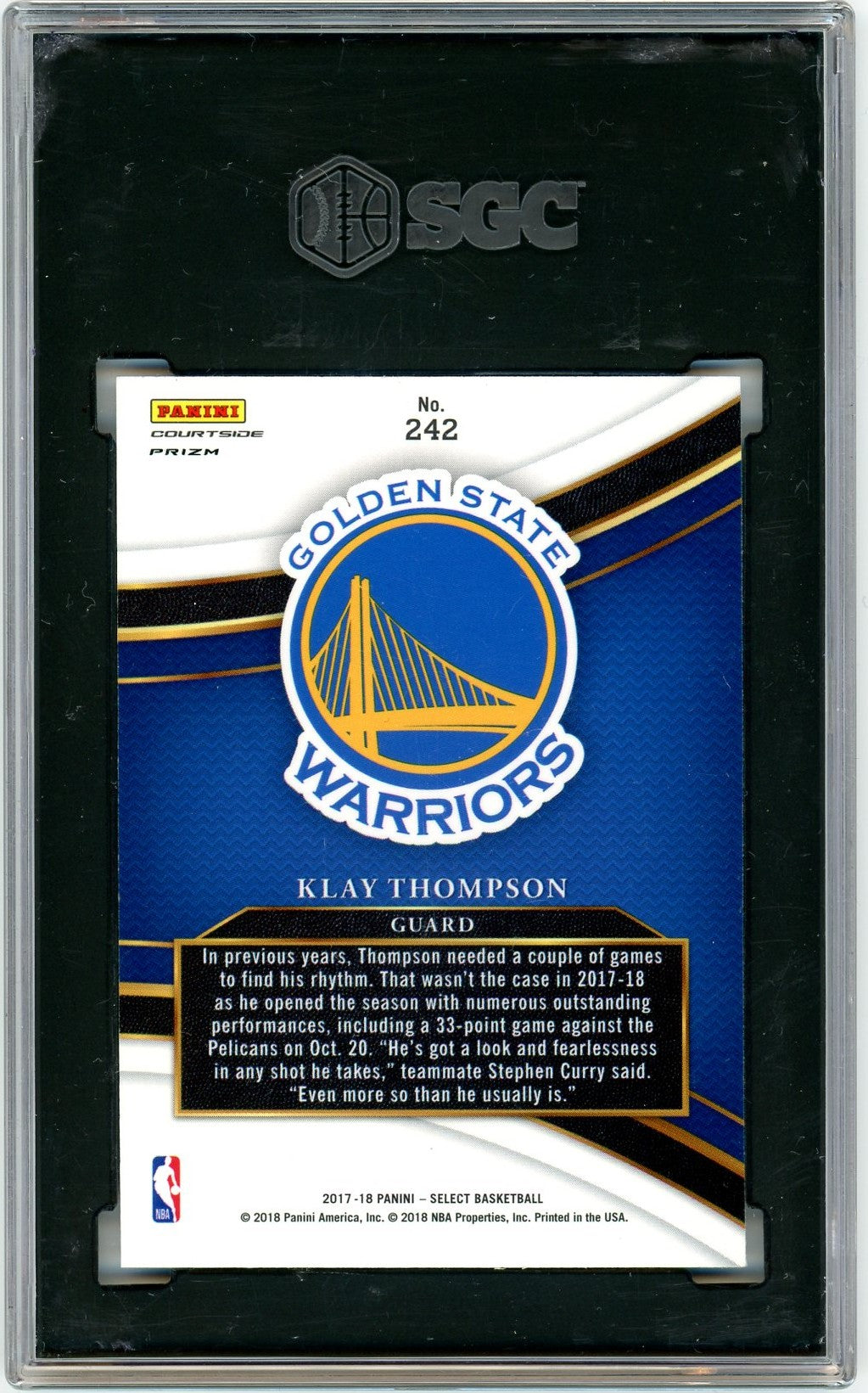 2017-18 Panini Select #242 Klay Thompson Zebra Prizms SGC 10-2
