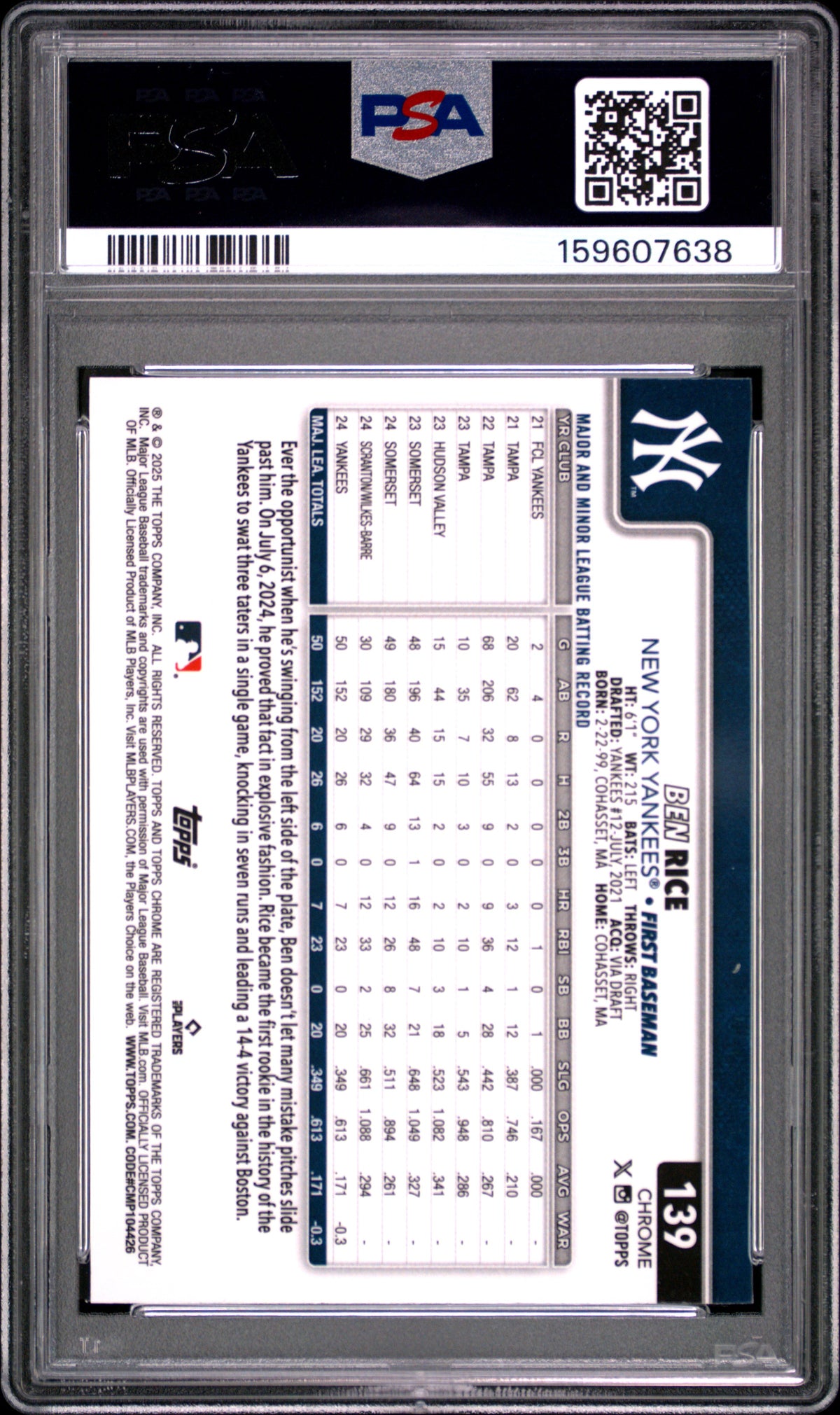 2025 Topps Chrome #139 Ben Rice X-Fractor PSA 10-2
