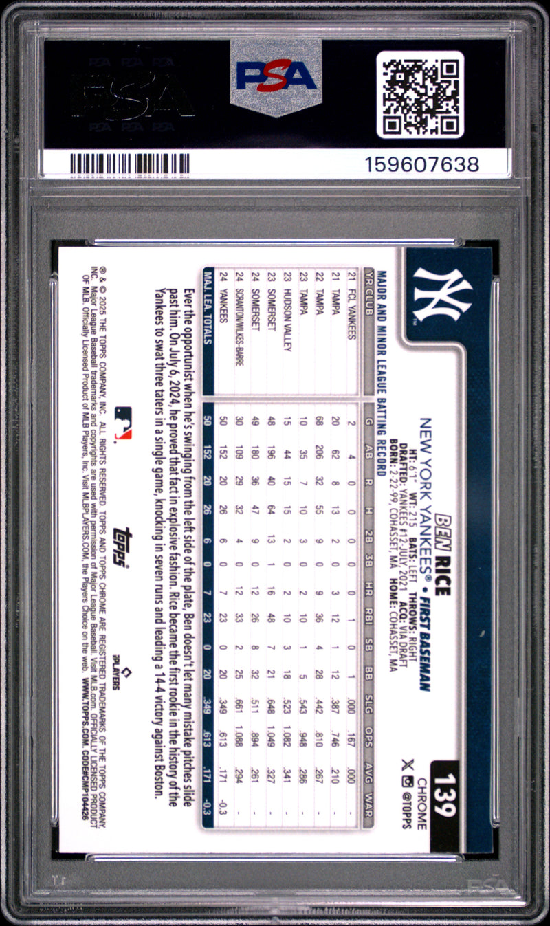 2025 Topps Chrome #139 Ben Rice X-Fractor PSA 10-2