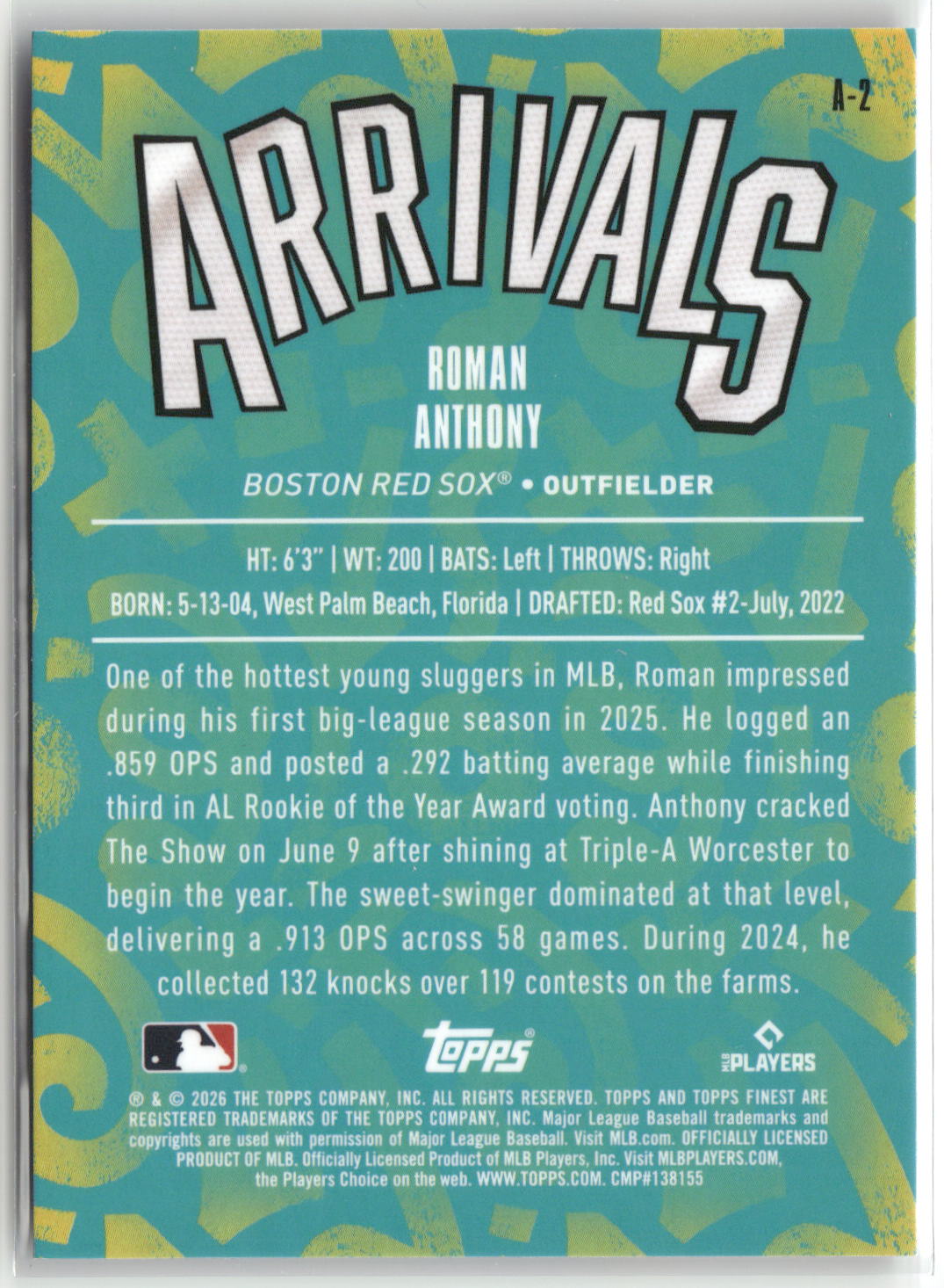 2026 Finest #A-2 Roman Anthony Arrivals-2