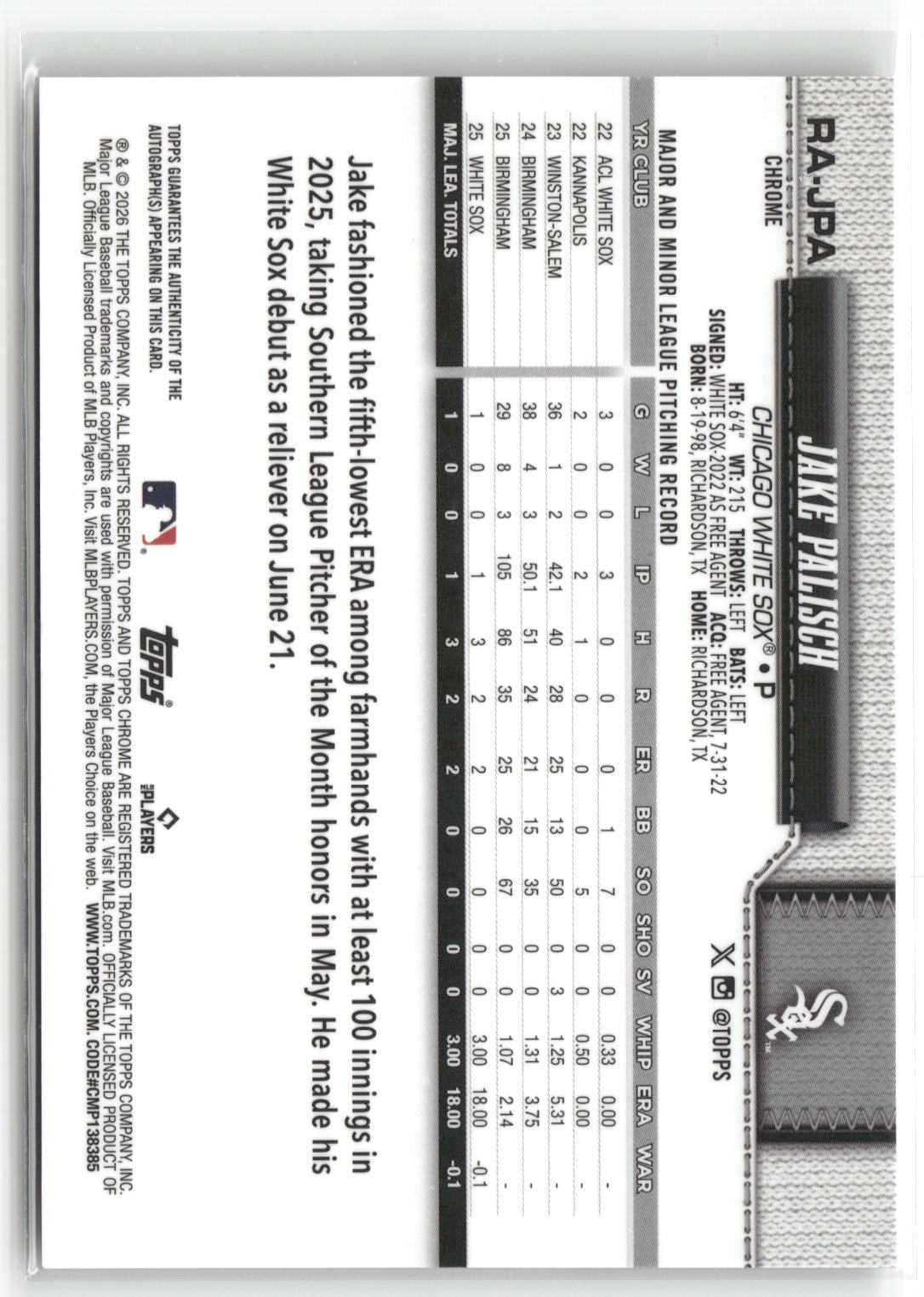 2026 Topps Chrome #RA-JPA Jake Palisch Retail Rookie Autographs-2