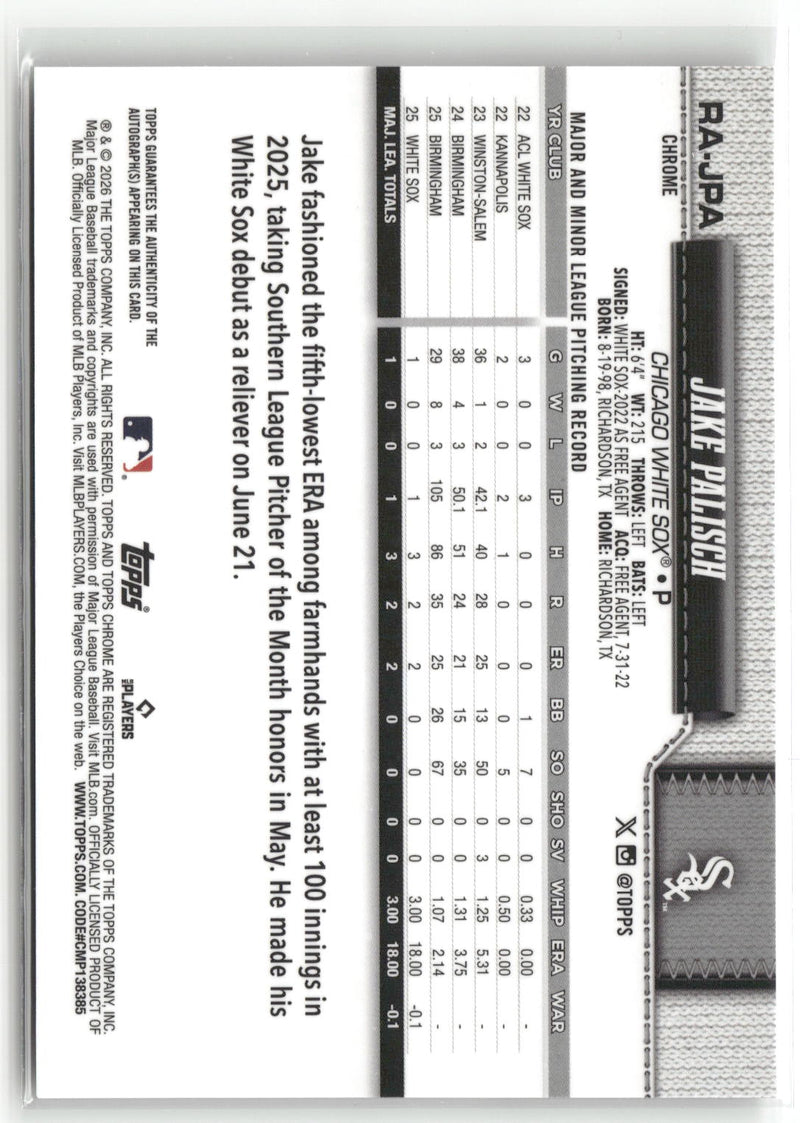 2026 Topps Chrome #RA-JPA Jake Palisch Retail Rookie Autographs-2
