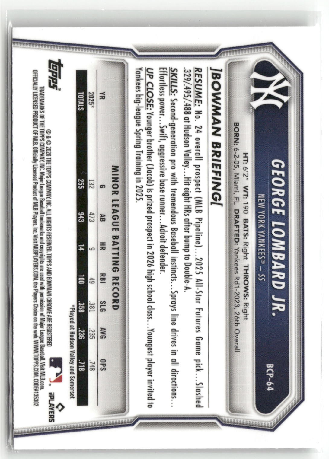 2026 Bowman #BCP-64 George Lombard Jr. Chrome Prospects-2