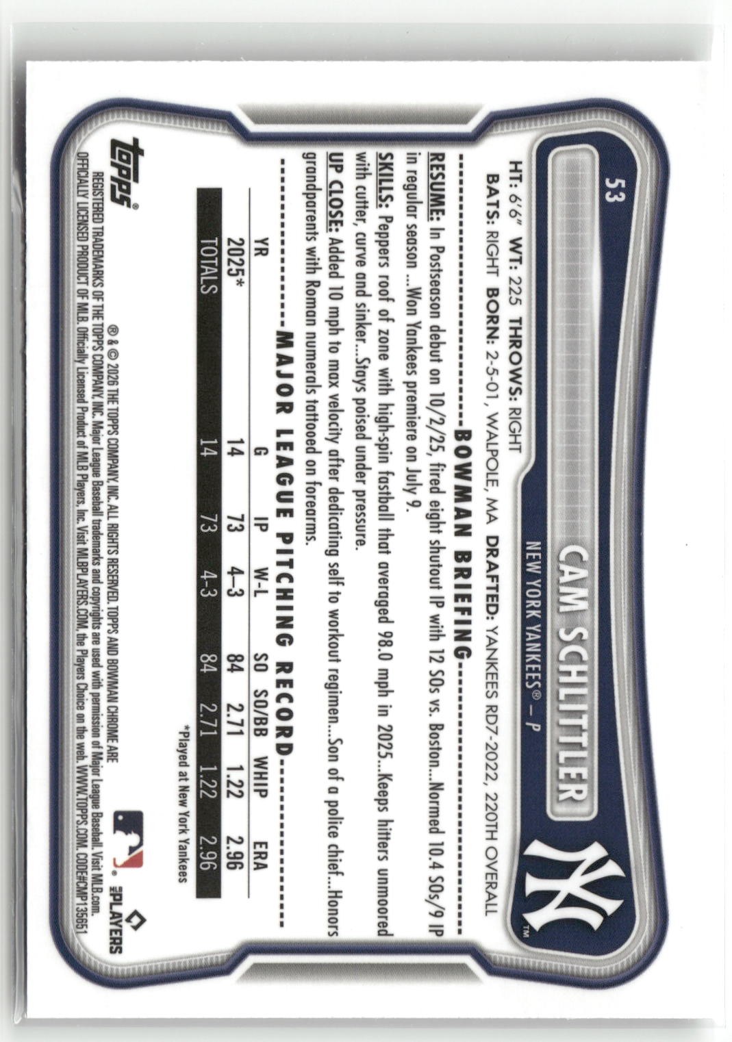 2026 Bowman #53 Cam Schlittler Chrome Mojo Refractors-2