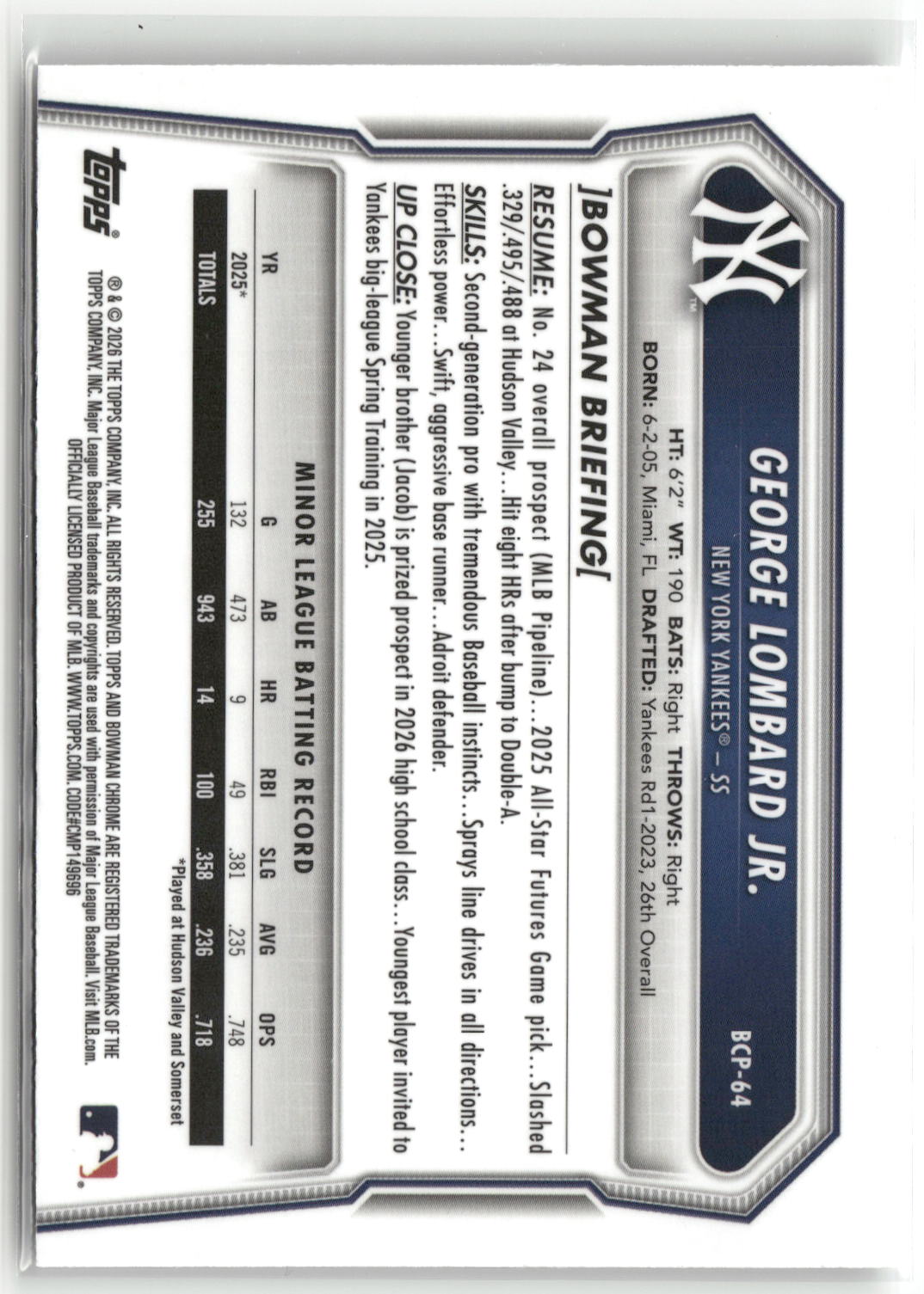2026 Bowman #BCP-64 George Lombard Jr. Chrome Prospects Mojo Refractor-2
