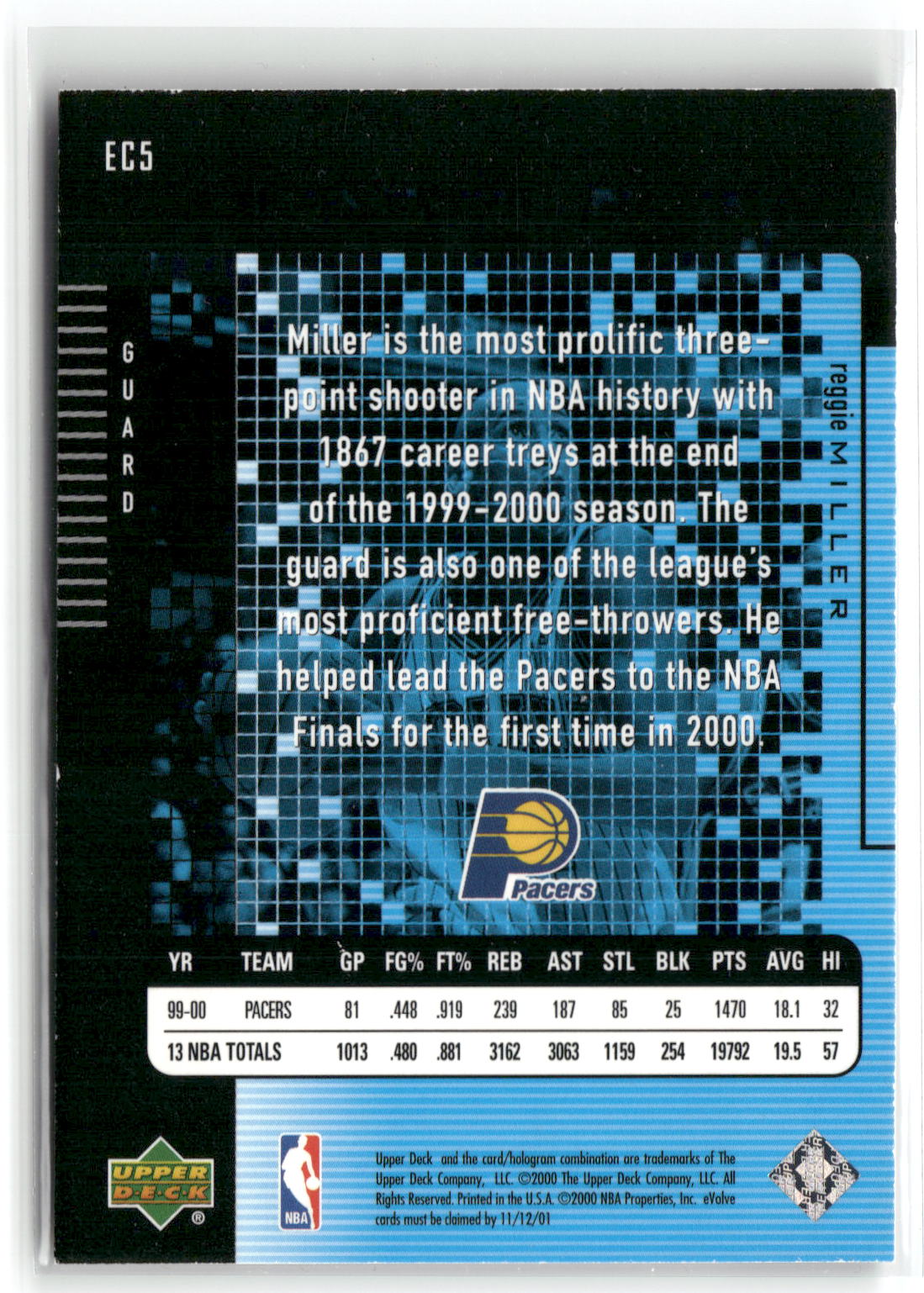 2000-01 Upper Deck #EC5 Reggie Miller e-Cards (Series One)-2