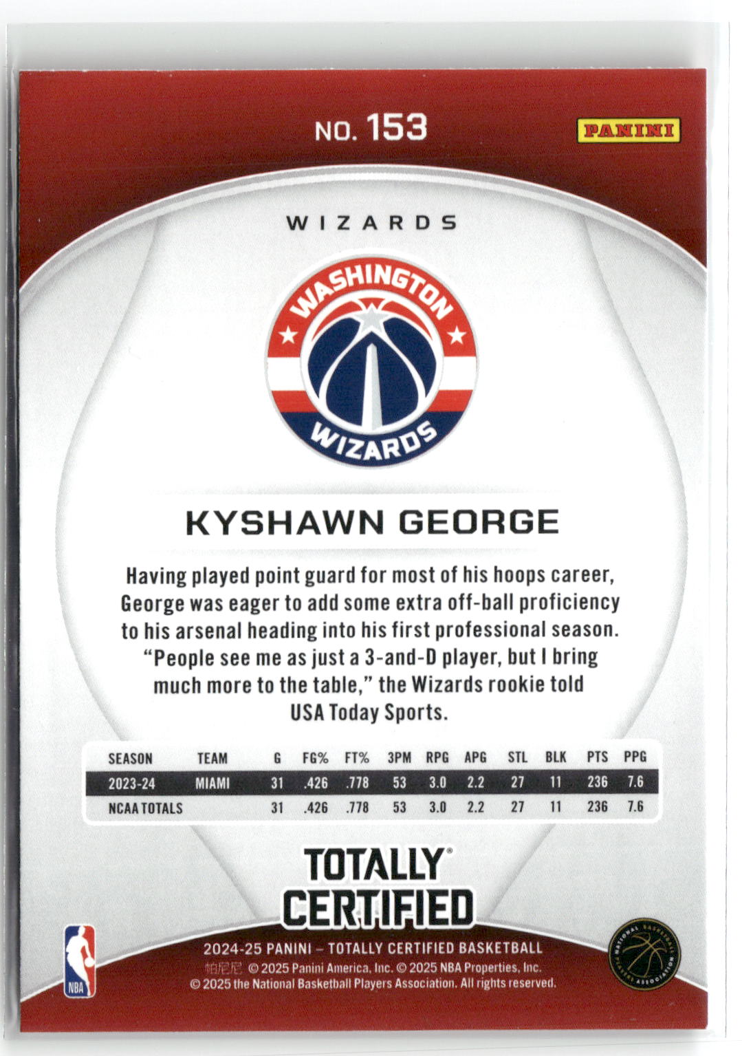 2024-25 Panini Totally Certified #153 Kyshawn George-2