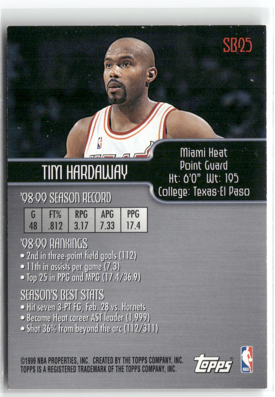 1999-00 Topps #SB25 Tim Hardaway Season's Best-2