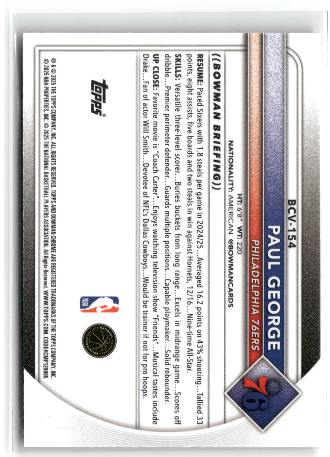2025-26 Bowman #BCV-154 Paul George Chrome Burgundy Mojo Refractors #/275-2