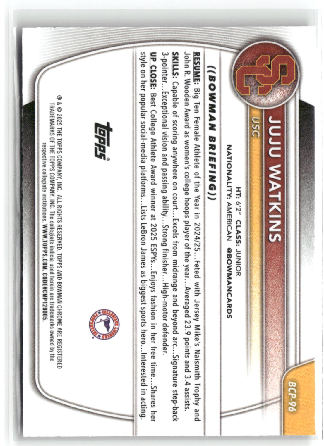 2025-26 Bowman #BCP-96 Juju Watkins Chrome Prospects Reptilian Refractor-2