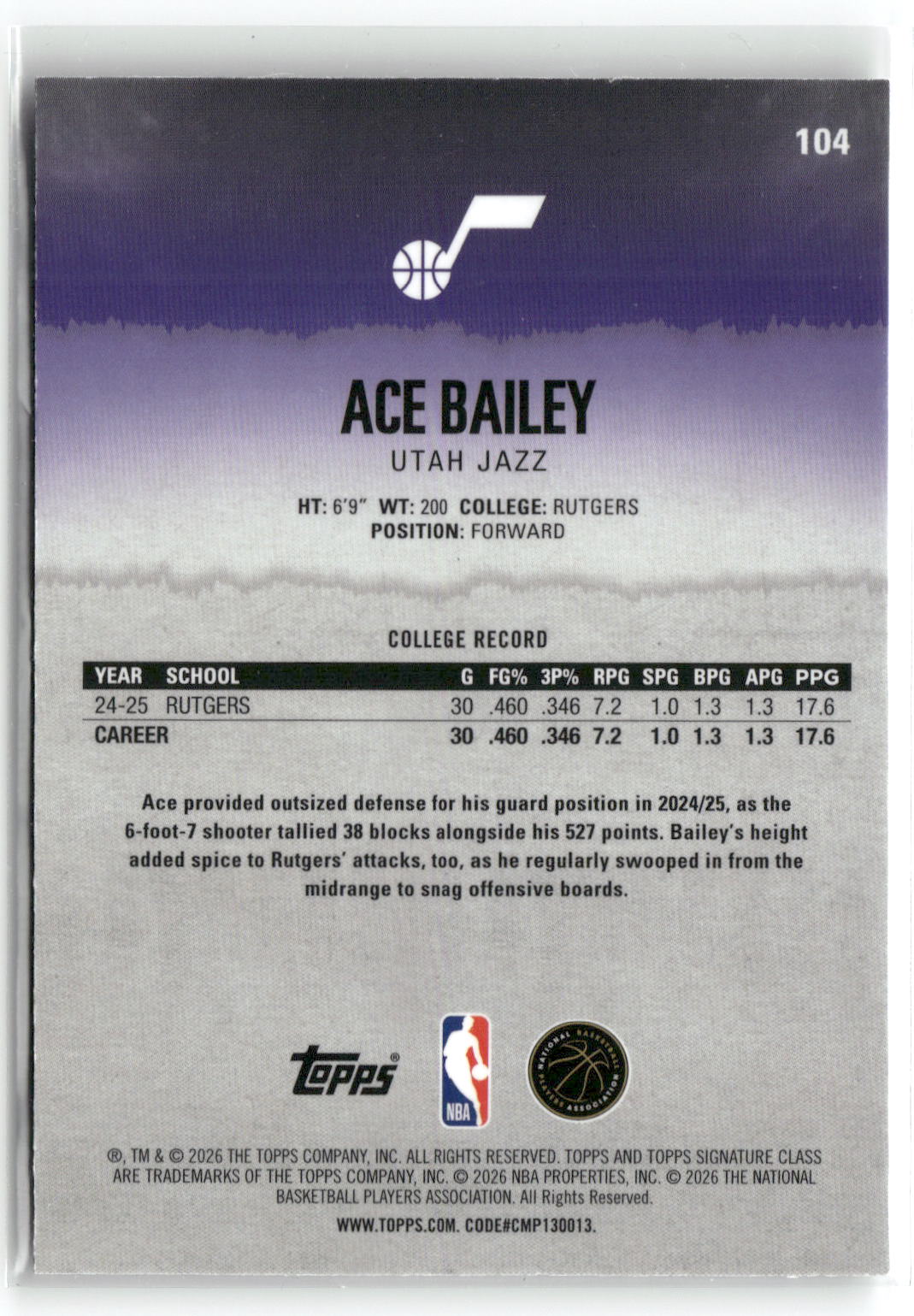 2025-26 Topps Signature Class #104 Ace Bailey-2