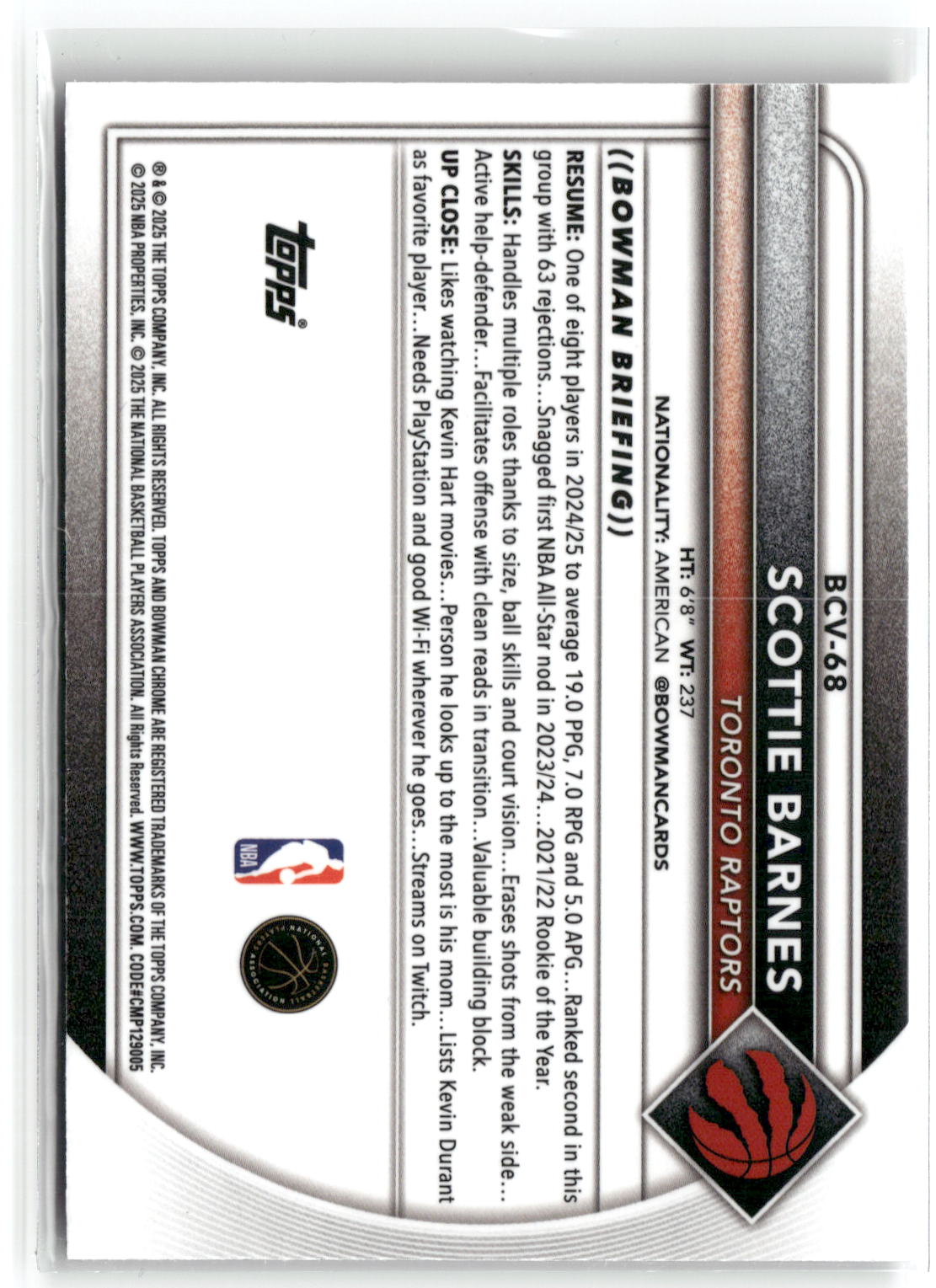 2025-26 Bowman #BCV-68 Scottie Barnes Chrome Burgundy Mojo Refractors #/275-2