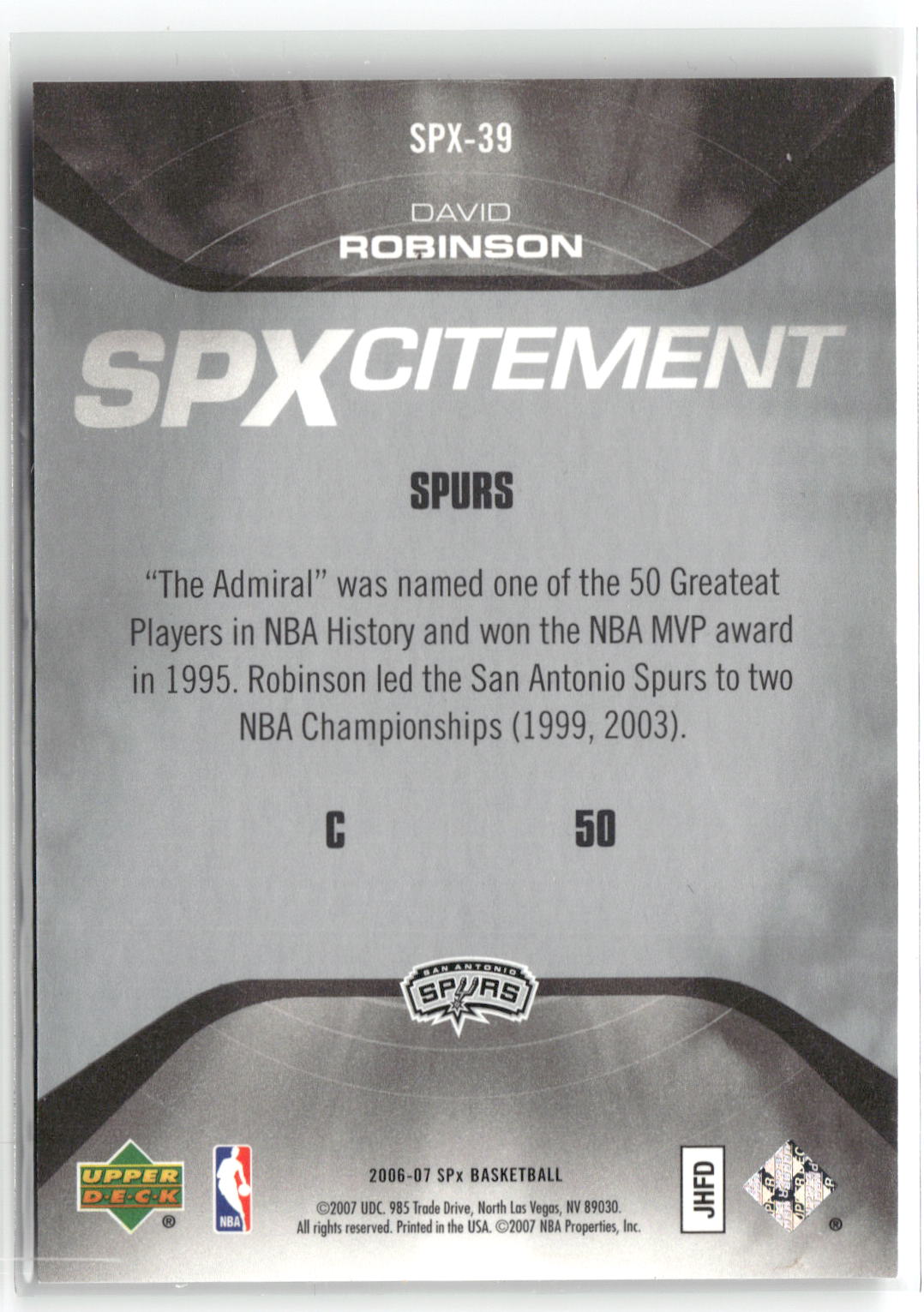 2006-07 SPx #SPX-39 David Robinson SPXcitement #/2999-2