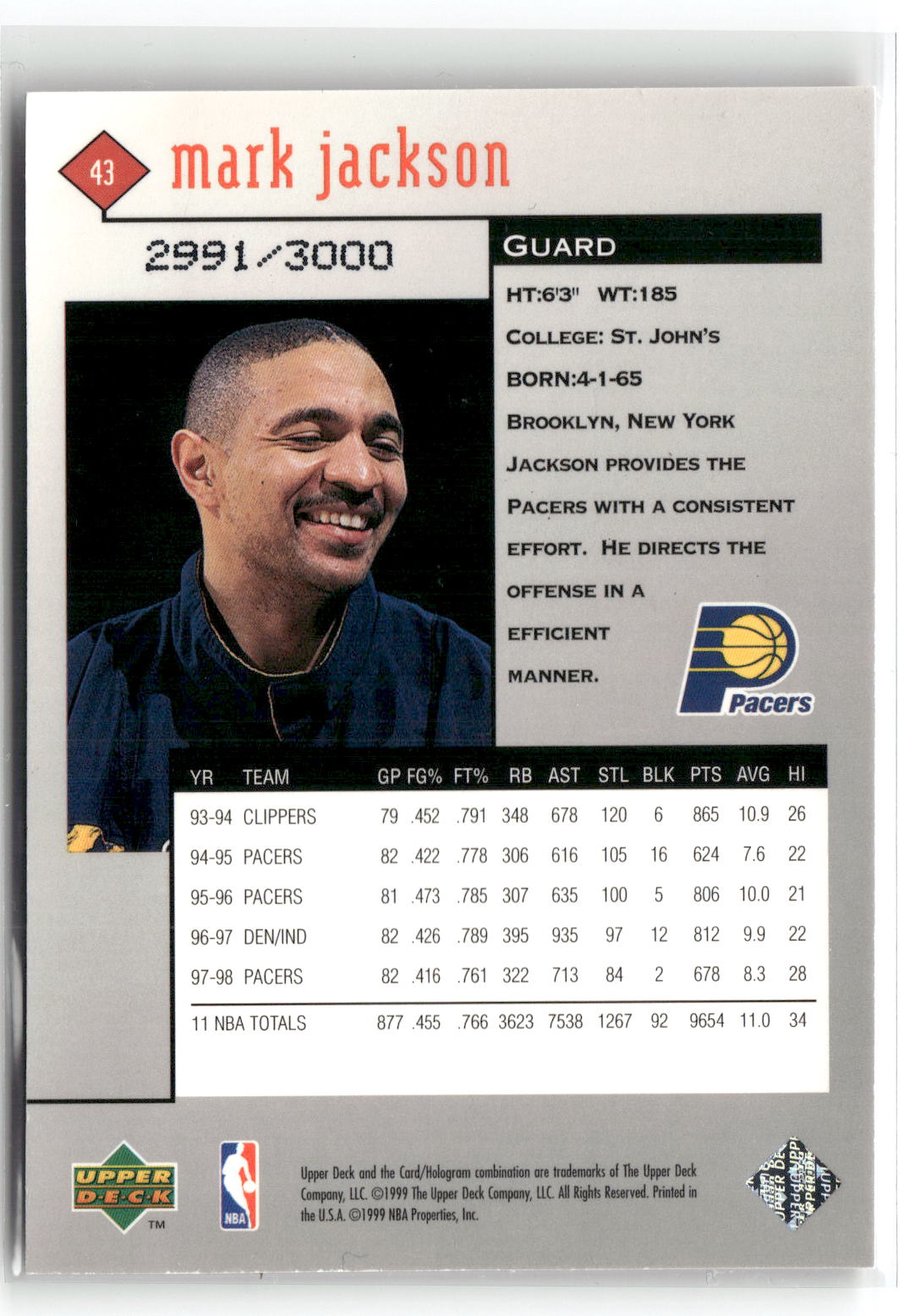 1998-99 Upper Deck Black Diamond #43 Mark Jackson Double Diamond #/3000-2