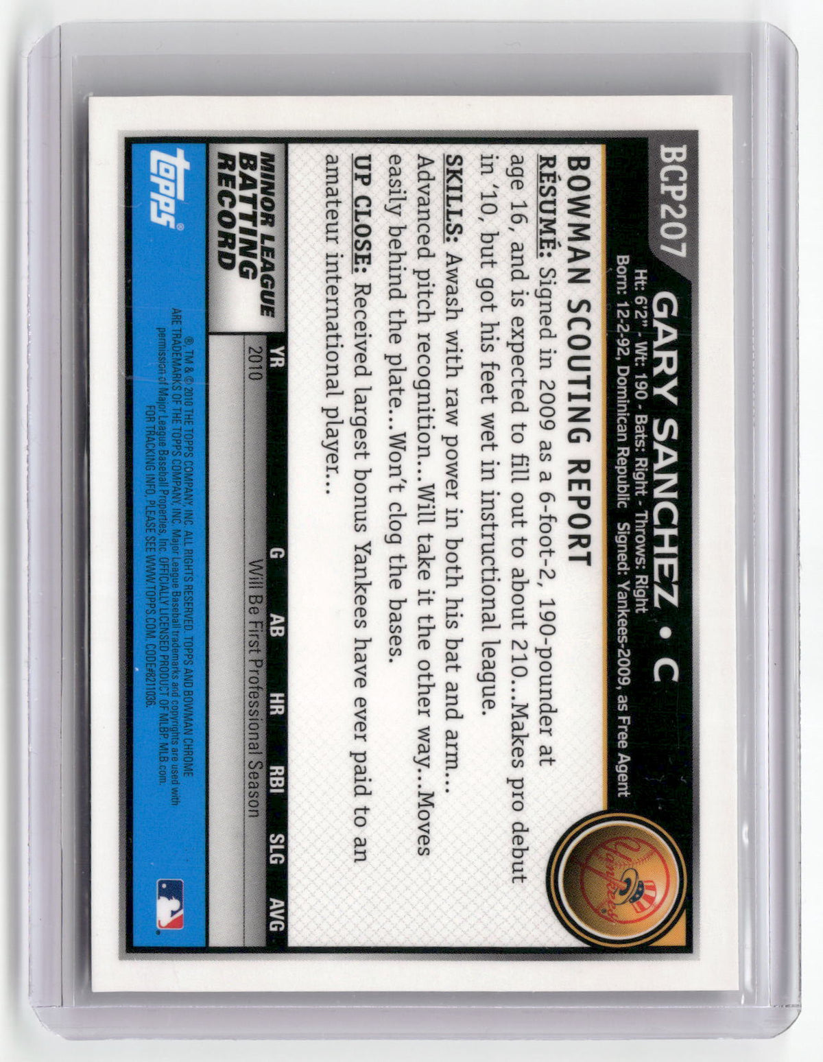 2010 Bowman Chrome #BCP207 Gary Sanchez Prospects Autographs-2