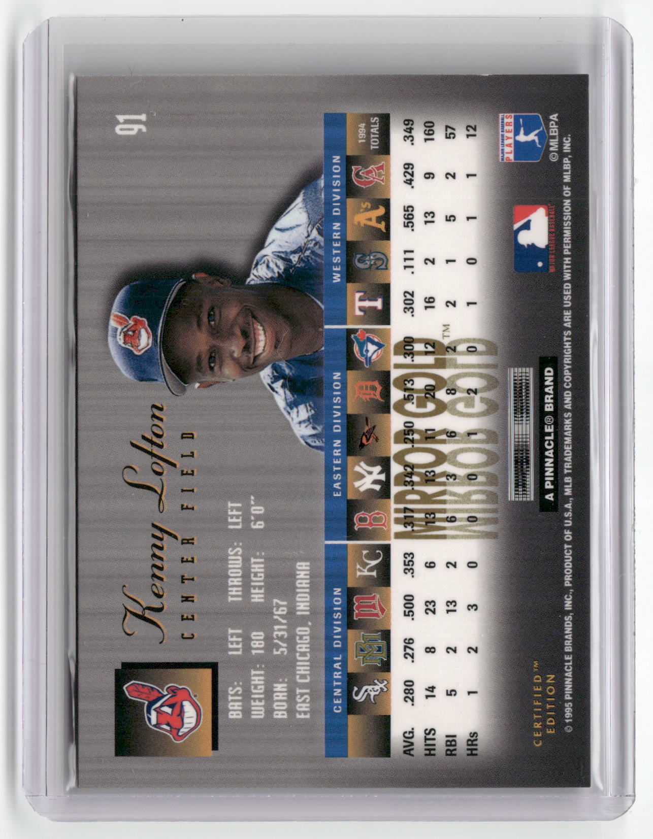 1995 Select Certified #91 Kenny Lofton Mirror Gold-2