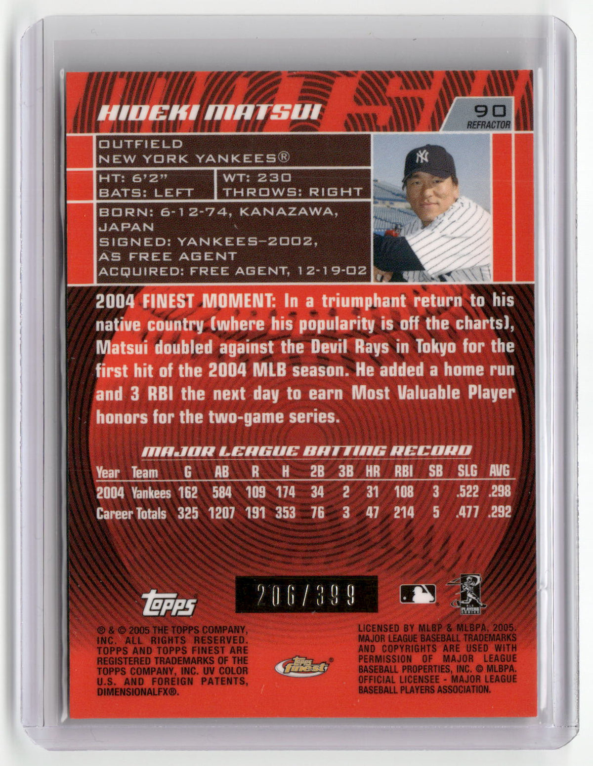 2005 Finest #90 Hideki Matsui Refractors #/399-2