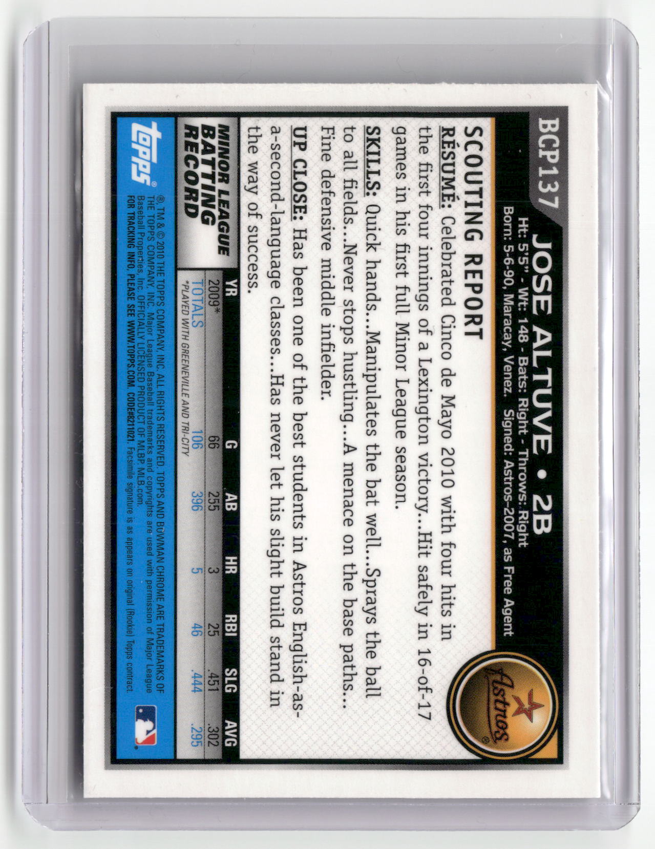2010 Bowman Chrome #BCP137 Jose Altuve Prospects-2