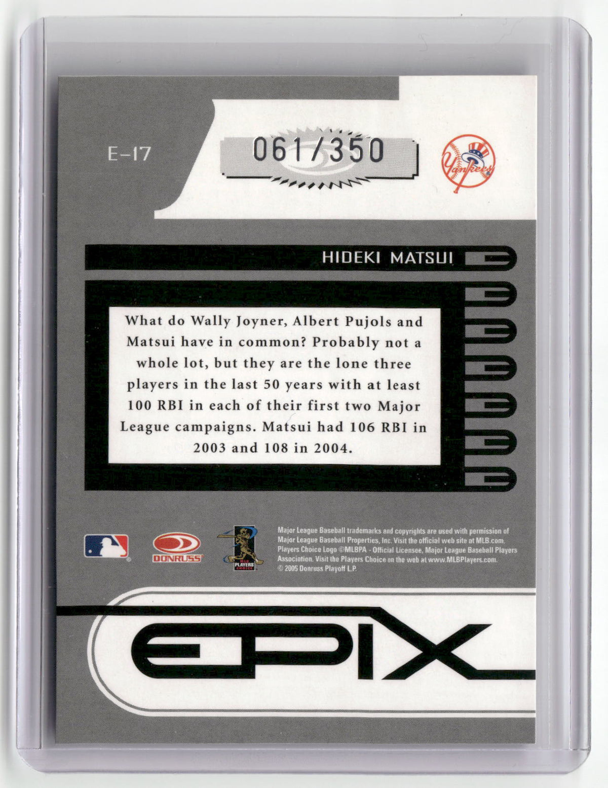 2005 Donruss Zenith #E-17 Hideki Matsui Epix Play Purple #/350-2