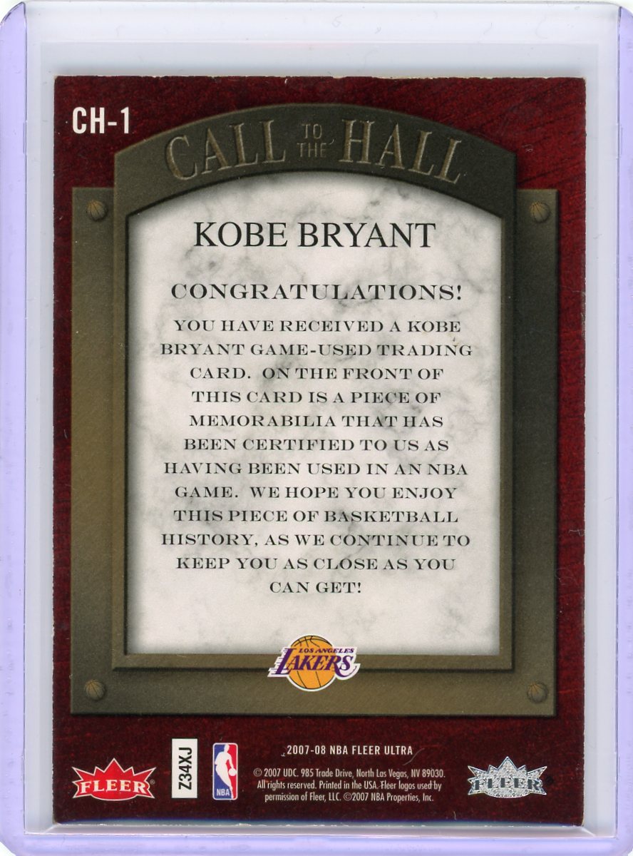 2007-08 Ultra #CH-1 Kobe Bryant Call to the Hall Memorabilia (VG Condition)-2