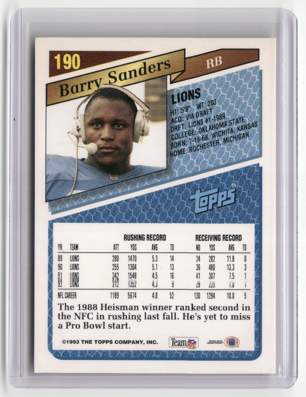 1993 Topps #190 Barry Sanders Gold-2