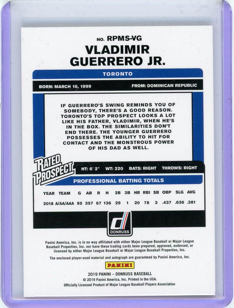 2019 Donruss #RPMS-VG Vladimir Guerrero Jr. Auto Material Signatures Black #/10-2