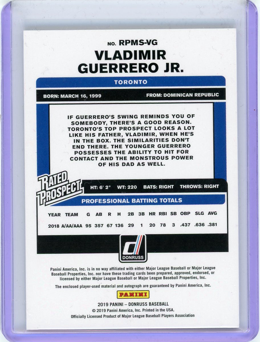 2019 Donruss #RPMS-VG Vladimir Guerrero Jr. Auto Material Signatures Black #/10-2