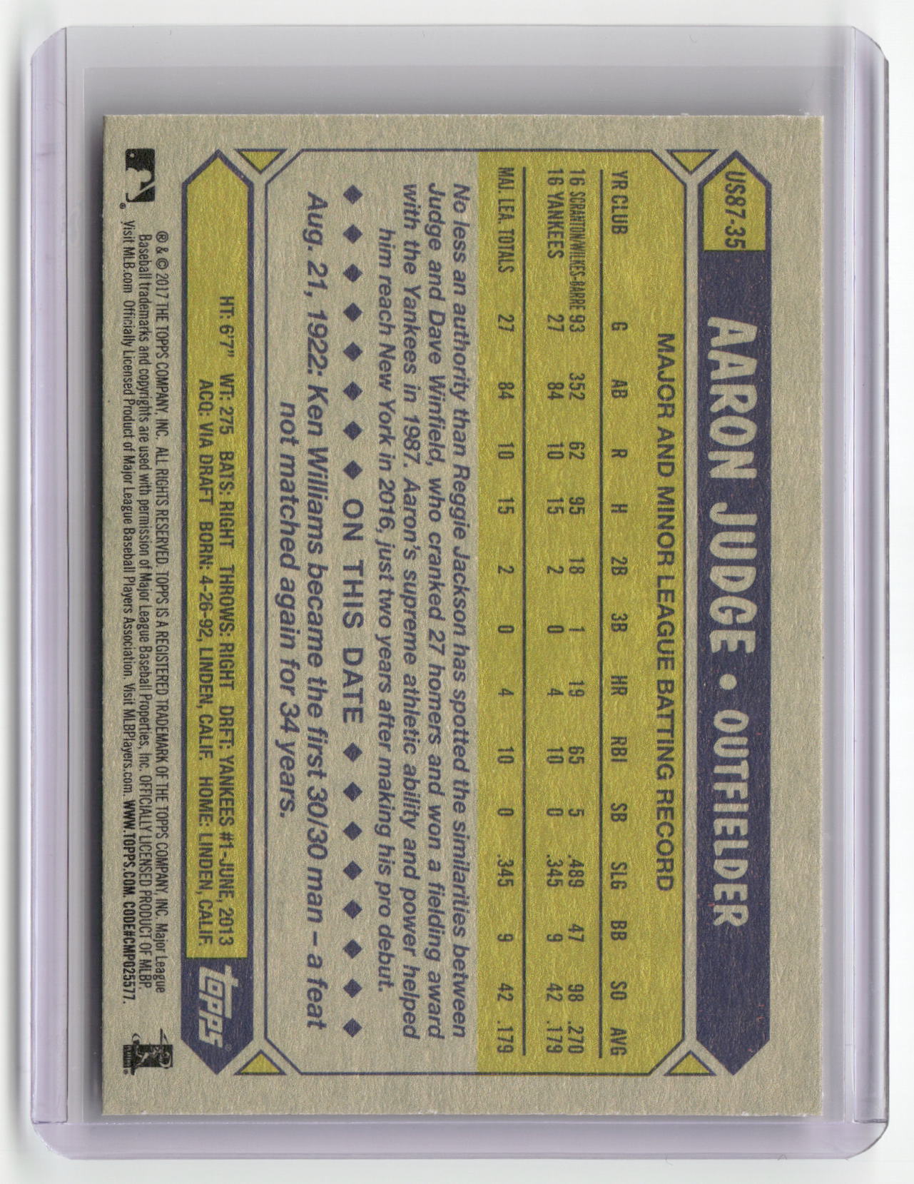 2017 Topps Update #US87-35 Aaron Judge 1987 Topps Baseball 30th Anniversary-2