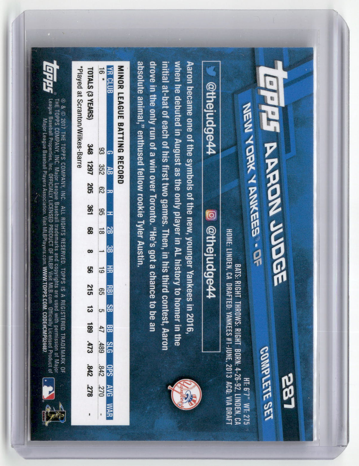 2017 Topps #287 Aaron Judge Factory Set Bonus: Rookie Image Variation-2