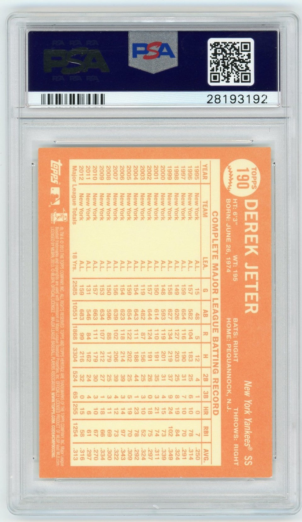 2013 Topps Heritage #190 Derek Jeter PSA 9-2