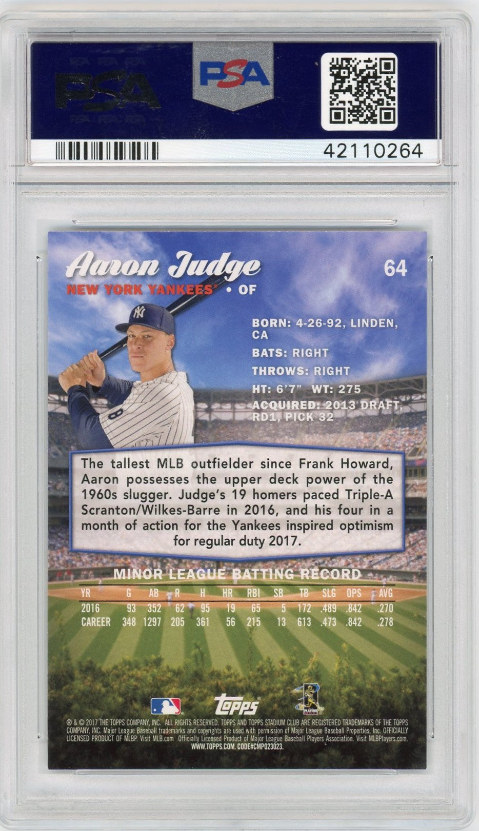 2017 Stadium Club #64 Aaron Judge PSA 10-2