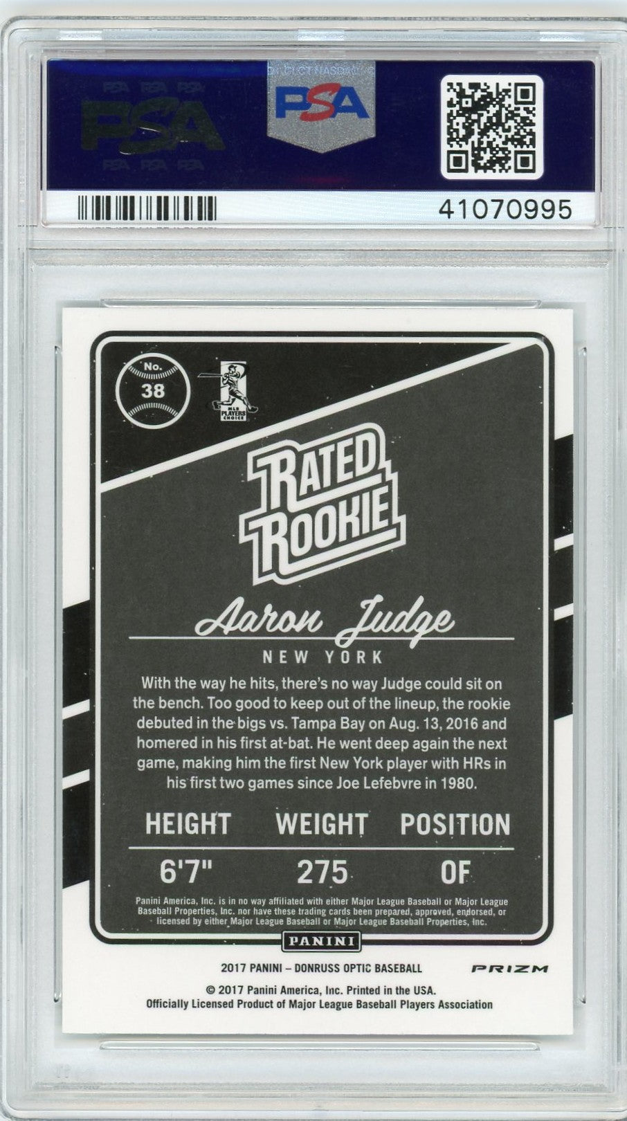 2017 Panini Donruss Optic #38 Aaron Judge Holo PSA 10-2
