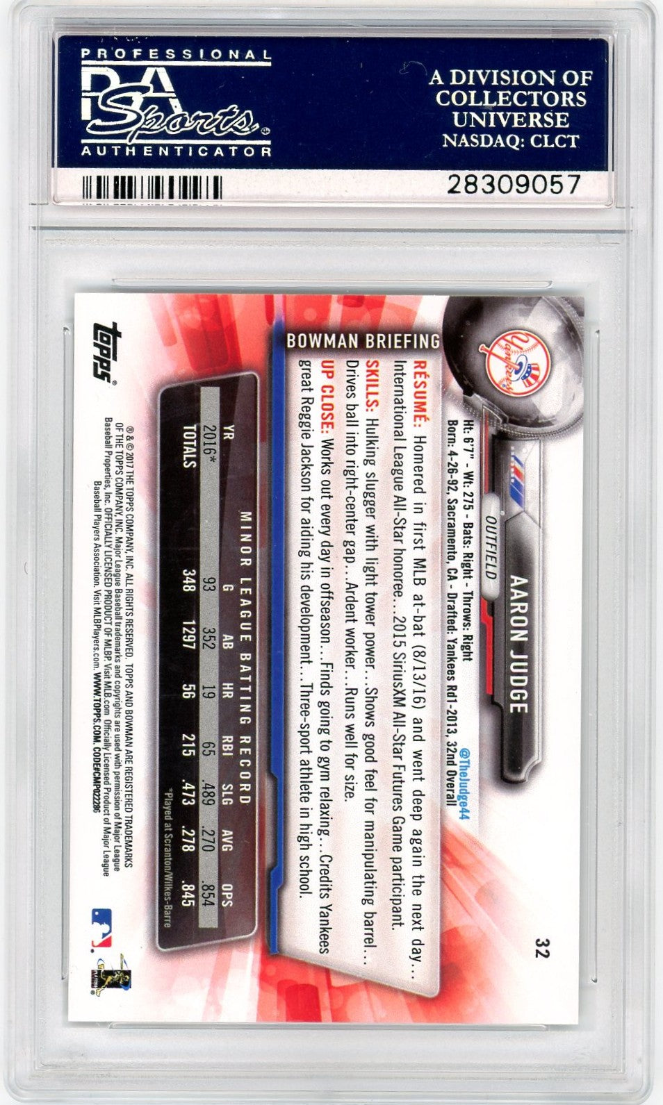 2017 Bowman #32 Aaron Judge PSA 10-2