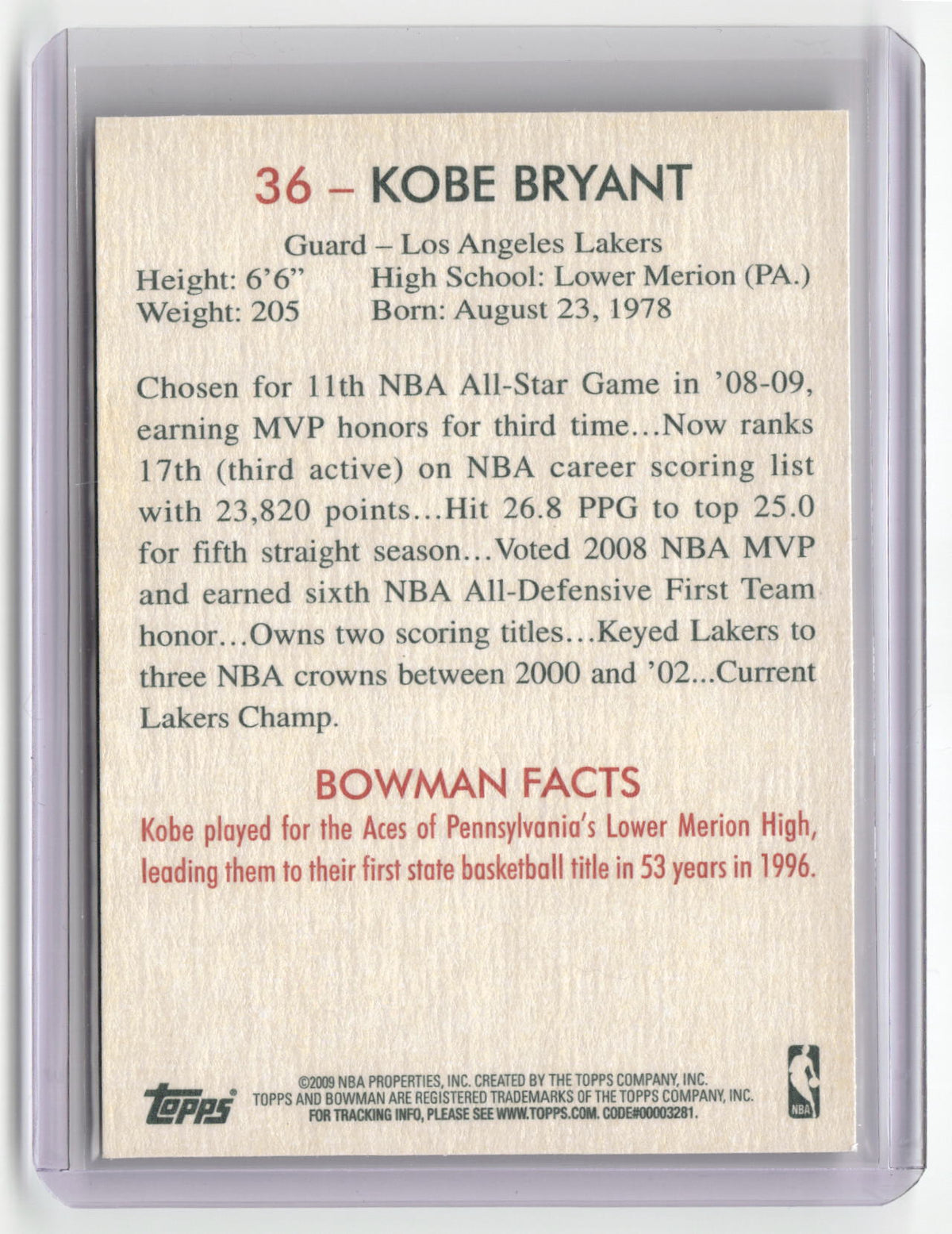 2009-10 Bowman 48 #36 Kobe Bryant-2