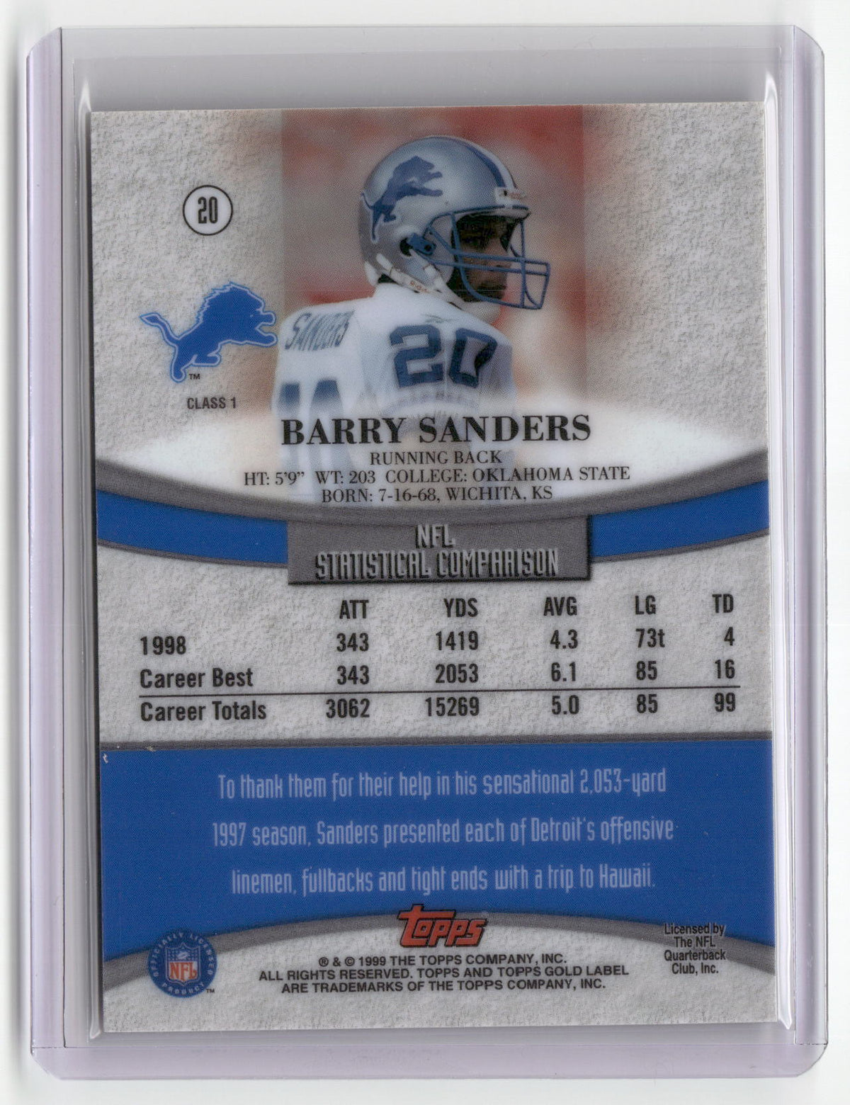 1999 Topps Gold Label #20 Barry Sanders-2