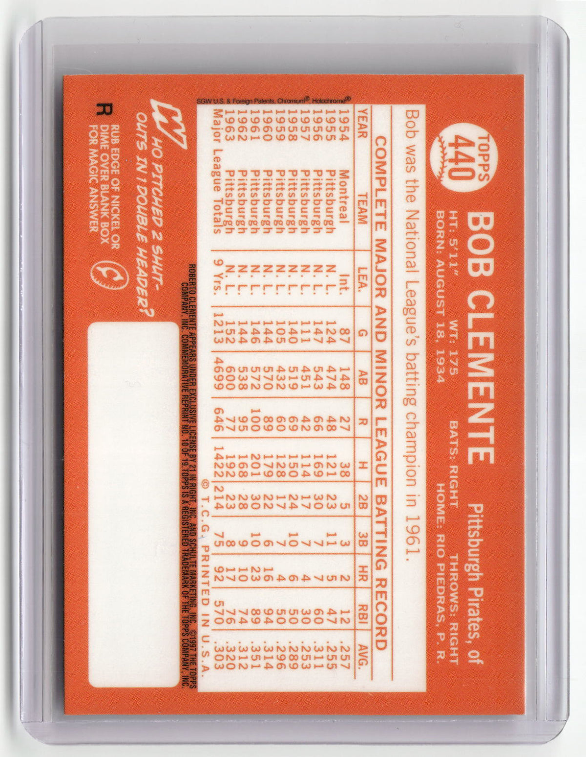 1998 Topps #10 Bob Clemente Roberto Clemente Commemorative Reprints Finest-2