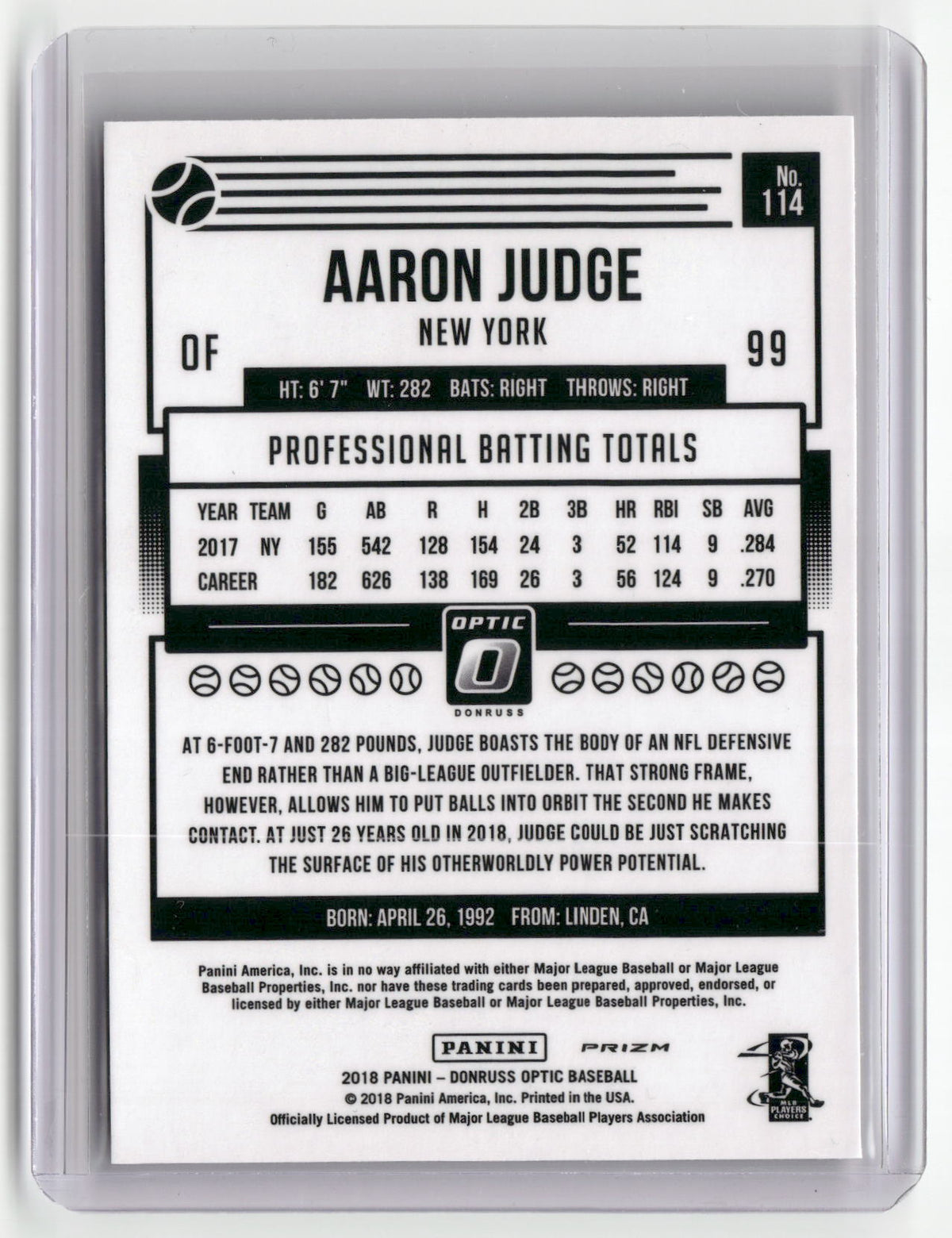 2018 Donruss Optic #114 Aaron Judge Bronze : Back of jersey not visible-2