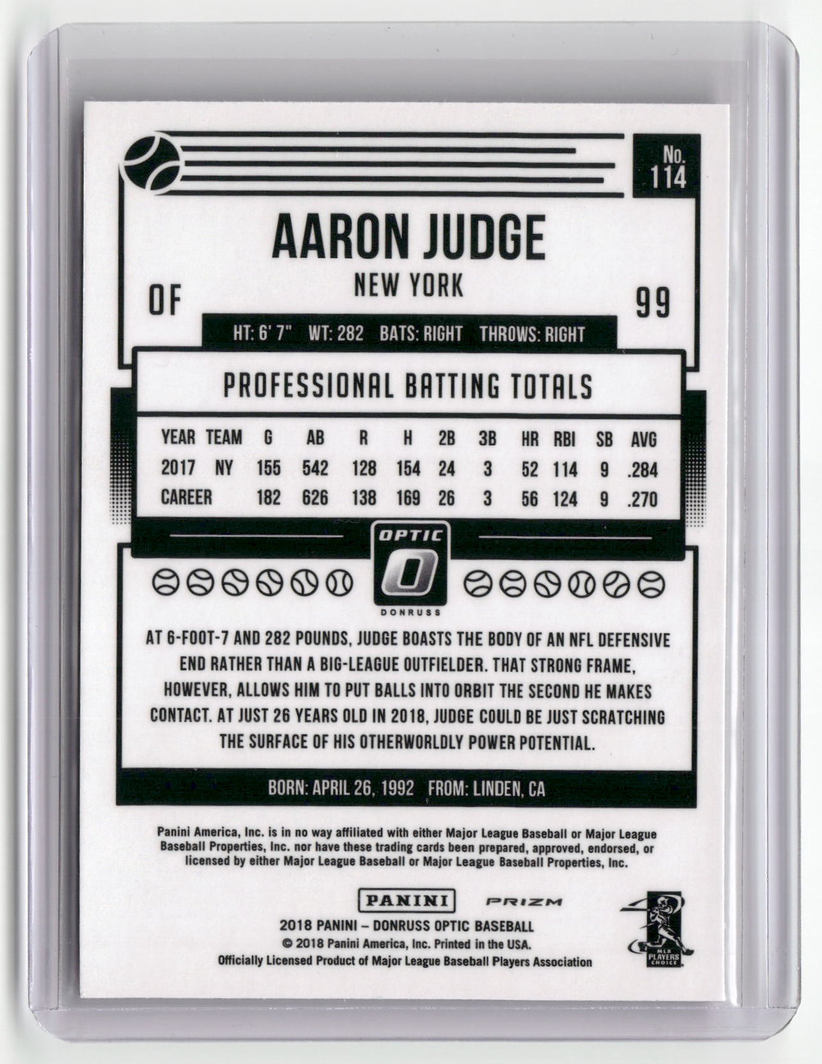 2018 Donruss Optic #114 Aaron Judge Pink : Back of jersey not visible-2