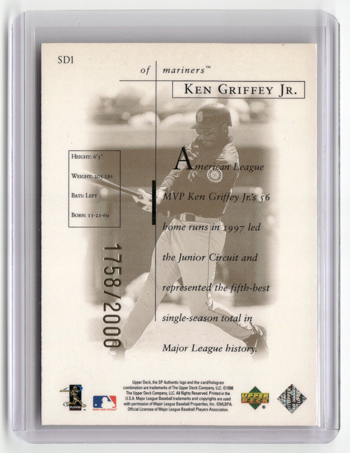 1998 SP Authentic #SD1 Ken Griffey Jr. Sheer Dominance Gold #/2000-2