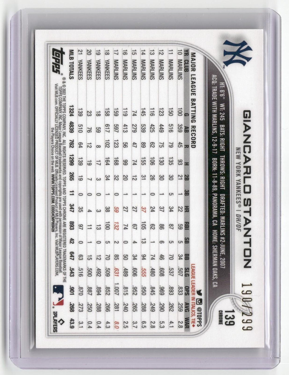 2022 Topps Chrome #139 Stanton Purple/Yellow Sonic Pulse Refractor #/299-2