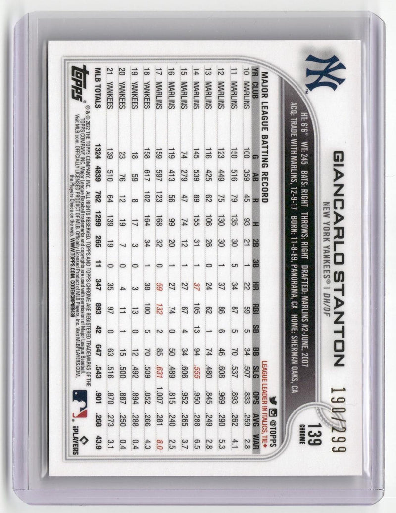 2022 Topps Chrome #139 Stanton Purple/Yellow Sonic Pulse Refractor #/299-2