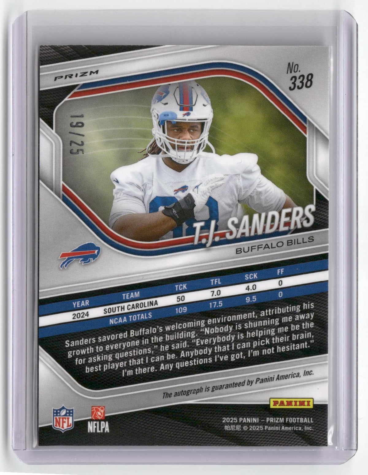 2025 Panini Prizm #338 T.J. Sanders Prizm Rookie Autographs Camo #/25-2