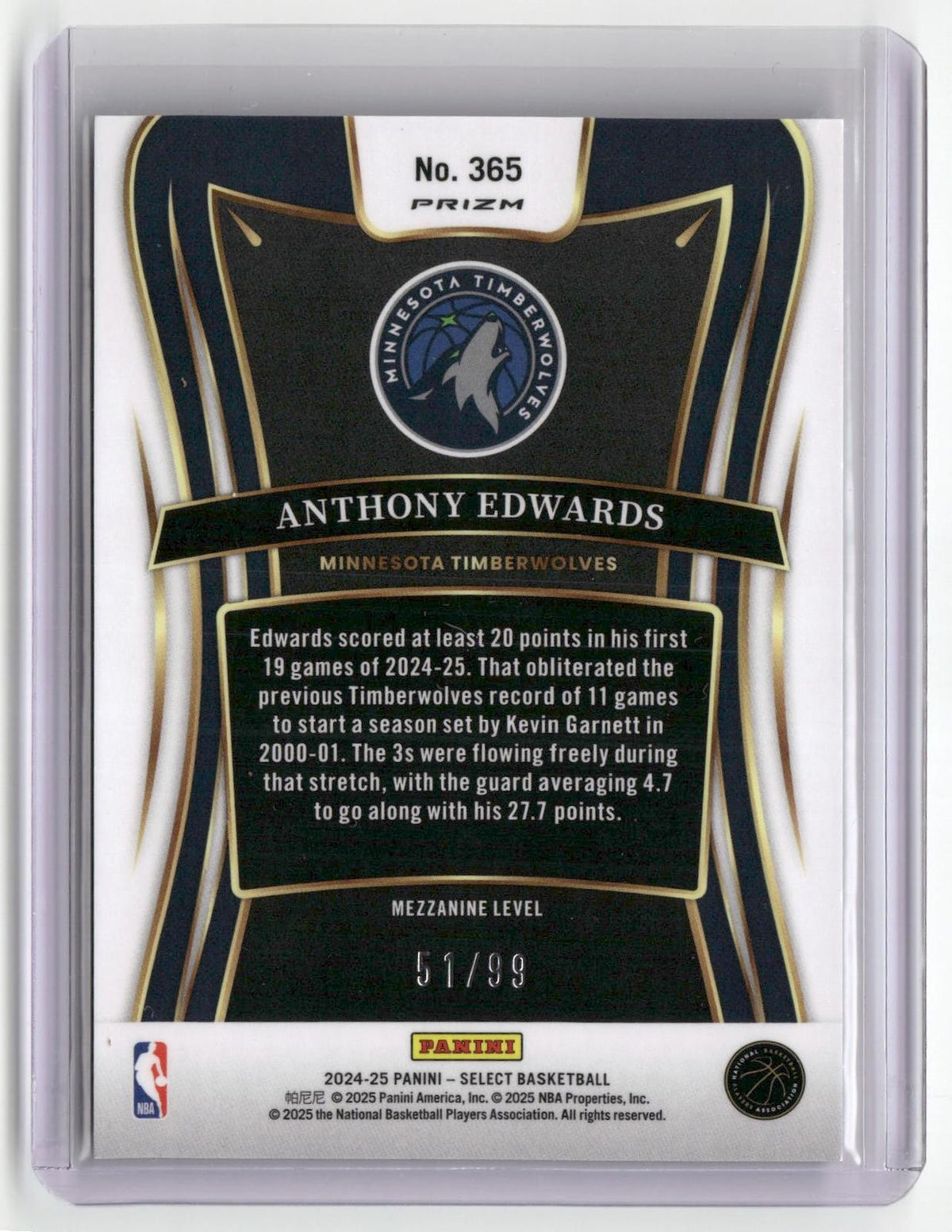 2024-25 Panini Select #365 Anthony Edwards Blue Flash Prizm #/99-2