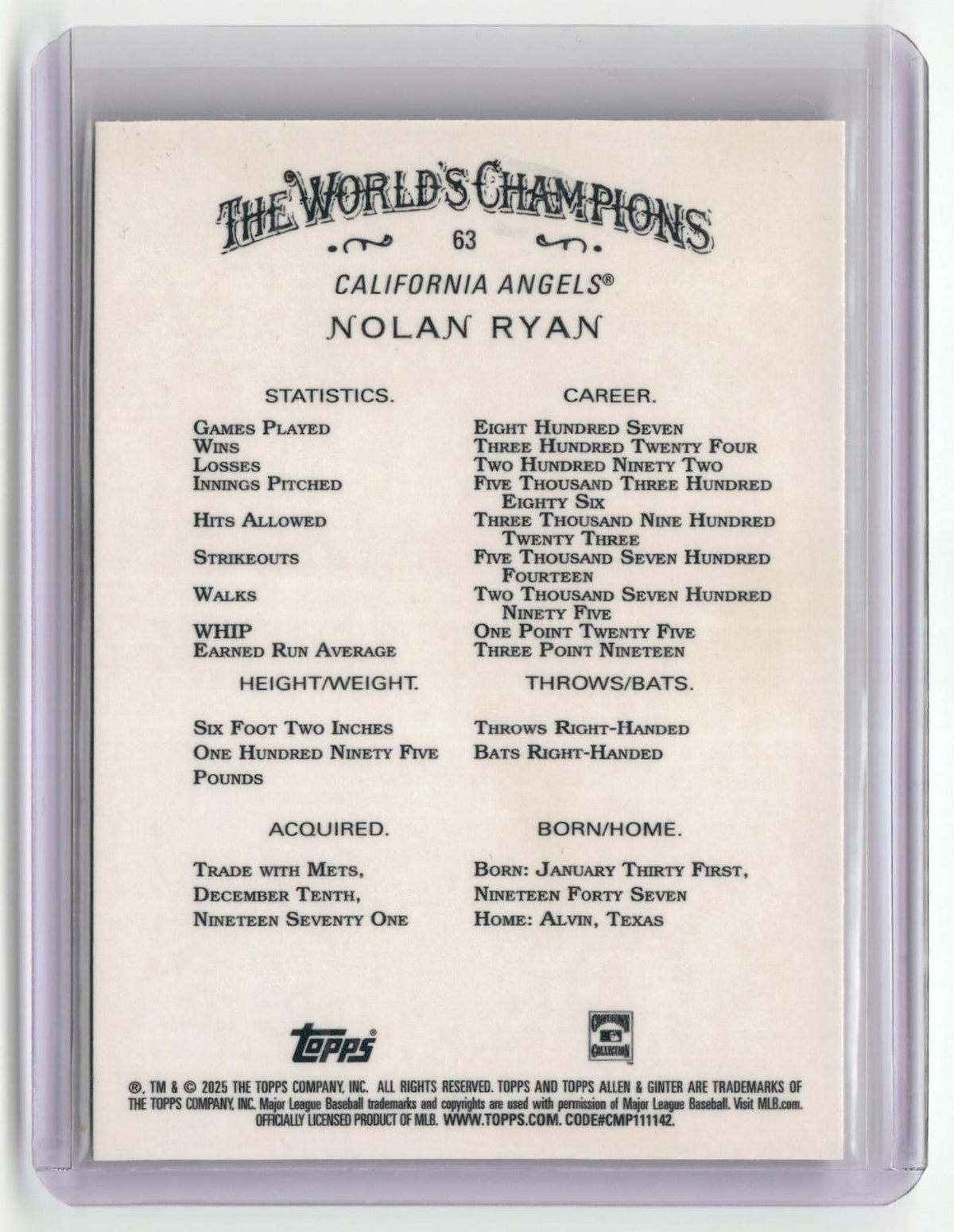2025 Topps Allen & Ginter #63 Nolan Ryan Chrome Purple Refractor #/75-2