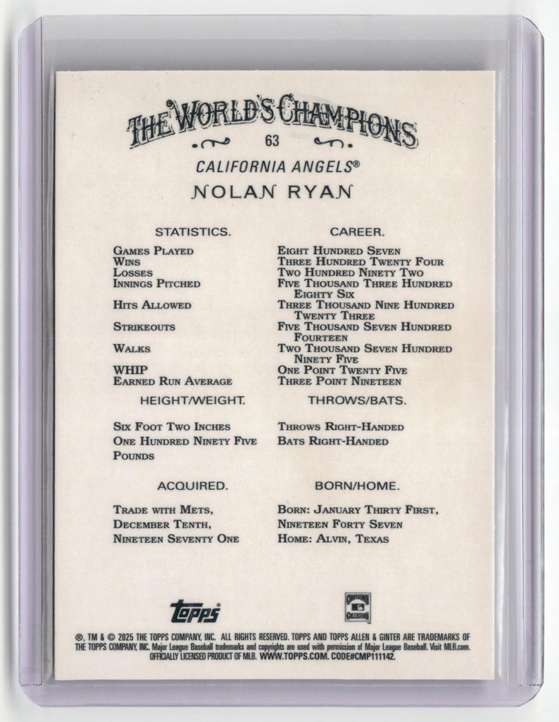 2025 Topps Allen & Ginter #63 Nolan Ryan Chrome Purple Refractor #/75-2
