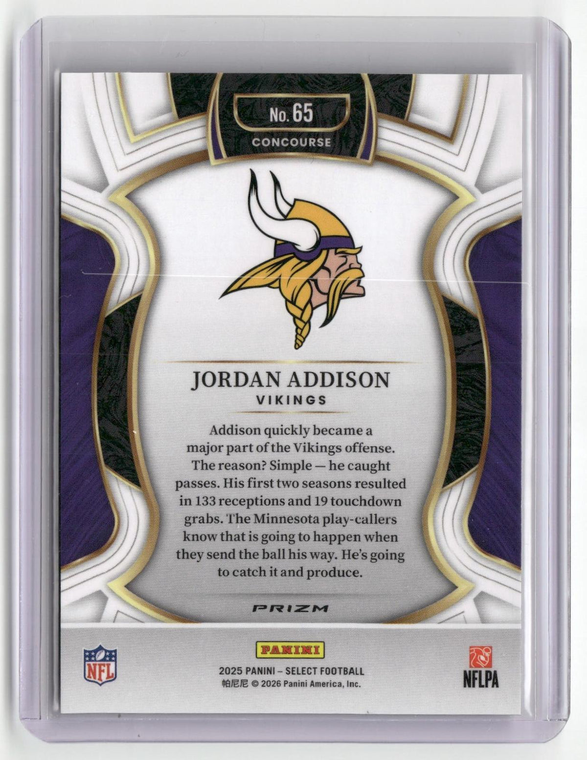 2025 Panini Select #65 Jordan Addison Zebra Prizm Shock-2