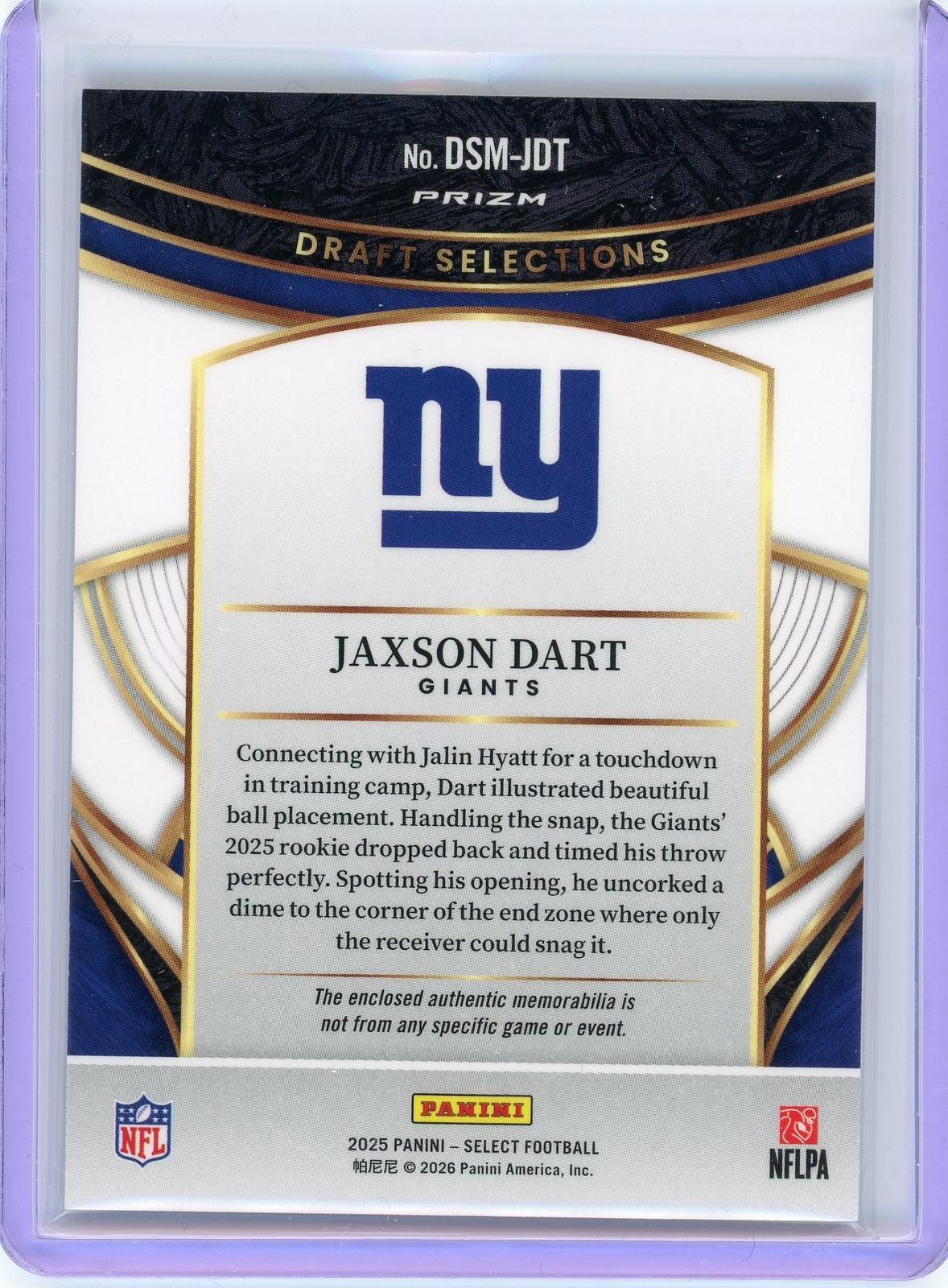 2025 Panini Select #DSM-JDT Jaxson Dart Draft Selections Memorabilia Blue Prizm-2