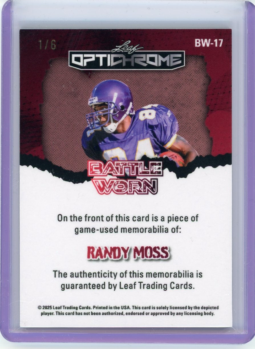 2025 Leaf Optichrome #BW-17 Randy Moss Game Used Battle Worn Shimmer Green #/6-2